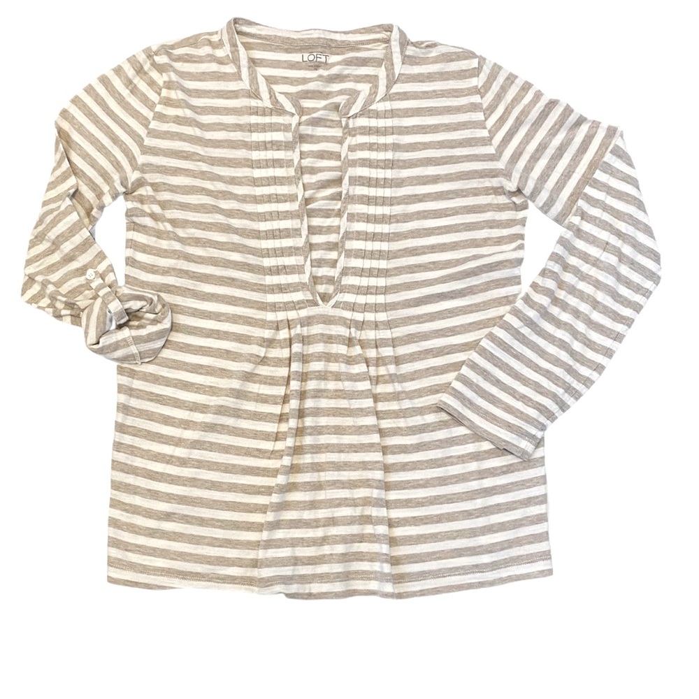 LOFT Tan and White Striped Long Sleeve Tee